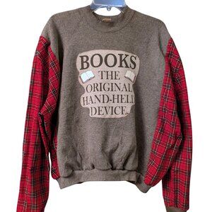 Upcycled Book Lover Sweatshirt L Flannel Sleeves OOAK Reverse Applique